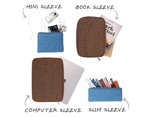 IGEN's vandafvisende sleeves. Computer sleeve, book sleeve, mini sleeve og slim sleeve. Broderet med IGEN swirl. 