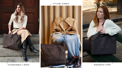 Brown Signature Shopper stylet på 3 forskellige måder. Style den til hverdagen, studiet eller weekend looket. 