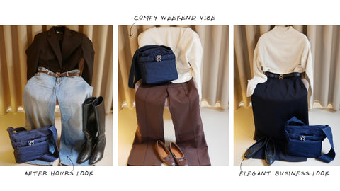 Denim bag stylet på 3 forskellige måder. Brug Denim Bag til after hours lokket, til en comfy weekend vibe eller til det mere elegante business look.