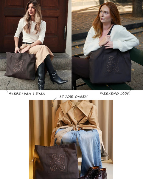 Brown Signature Shopper stylet på 3 forskellige måder. Style den til hverdagen, studiet eller weekend looket. 