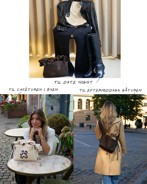 Mini ruffle shoppers i brown og brown dots stylet på forskellige måde. Brug mini ruffle til caféturen, til date night eller til eftermiddags gåturen i byen. 