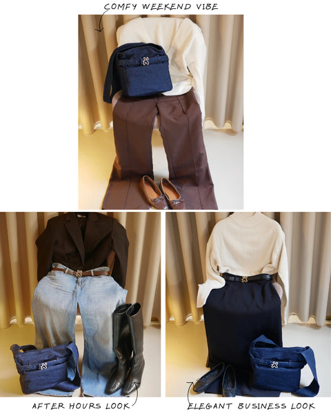 Denim bag stylet på 3 forskellige måder. Brug Denim Bag til after hours lokket, til en comfy weekend vibe eller til det mere elegante business look.