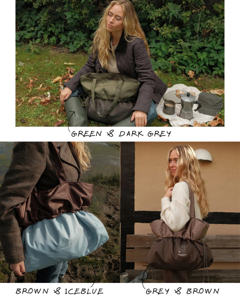 Ny Shield kollektion farver. Brown og Ice Blue. Green og Dark Grey. Grey og Brown.  Signature shoppers.