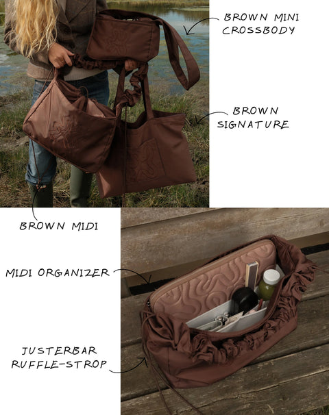 Ny brown kollektion, midi, crossbody og signature shopper i Shield Brown. Midi organizer til midi brown. Justerbar ruffle strop. 