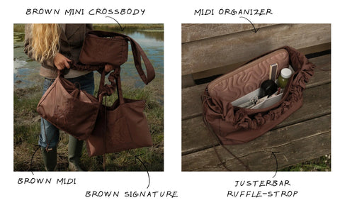Ny brown kollektion, midi, crossbody og signature shopper i Shield Brown. Midi organizer til midi brown. Justerbar ruffle strop. 
