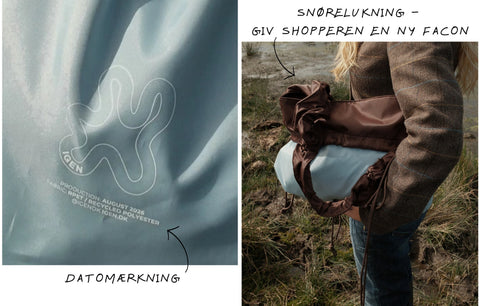Shield shopper med datomærkning. Se hvornår din shopper er produceret. 
Shopper med vendbar funktion, to tasker i én. Brown og Ice Blue. Brug snører til at skabe en ny facon til din shopper.