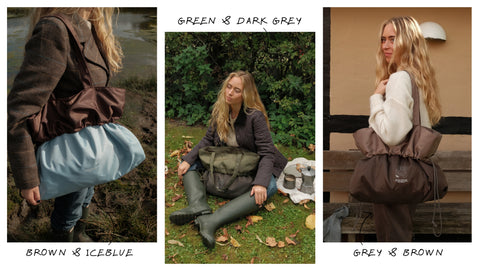 Ny Shield kollektion farver. Brown og Ice Blue. Green og Dark Grey. Grey og Brown.  Signature shoppers.