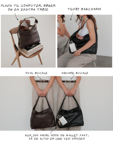 Flere billeder der viser VEGA's funktion. VEGA har plads til computer, bøger og en ekstra trøje. På VEGA kan man klikke swirl hook, wallet og bagcharm på.