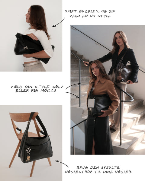 VEGA taske, hvor man kan se at man kan skifte buckle for at style tasken på sin måde. VEGA med sin skjulte nøglestrop.