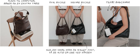 Flere billeder der viser VEGA's funktion. VEGA har plads til computer, bøger og en ekstra trøje. På VEGA kan man klikke swirl hook, wallet og bagcharm på.