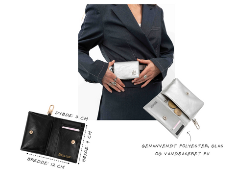 Lille pung i sort. Lille pung i sølv. Wallet fremstillet åben. Wallet som accessory. Wallet til at fuldføre et outfit. Genanvendt materiale til wallet. Wallet i vandbaseret PU. IGEN wallet