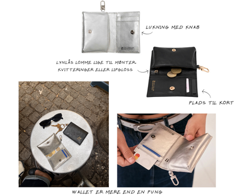 Design dit eget Wallet look. Vælg mellem sort og sølv Wallet. Wallet med lynlås lomme. Wallet med plads til mønter. Wallet med plads til lipgloss. Wallet med karabinhage. Wallet med plads til kort. Wallet er mere end en pung. 